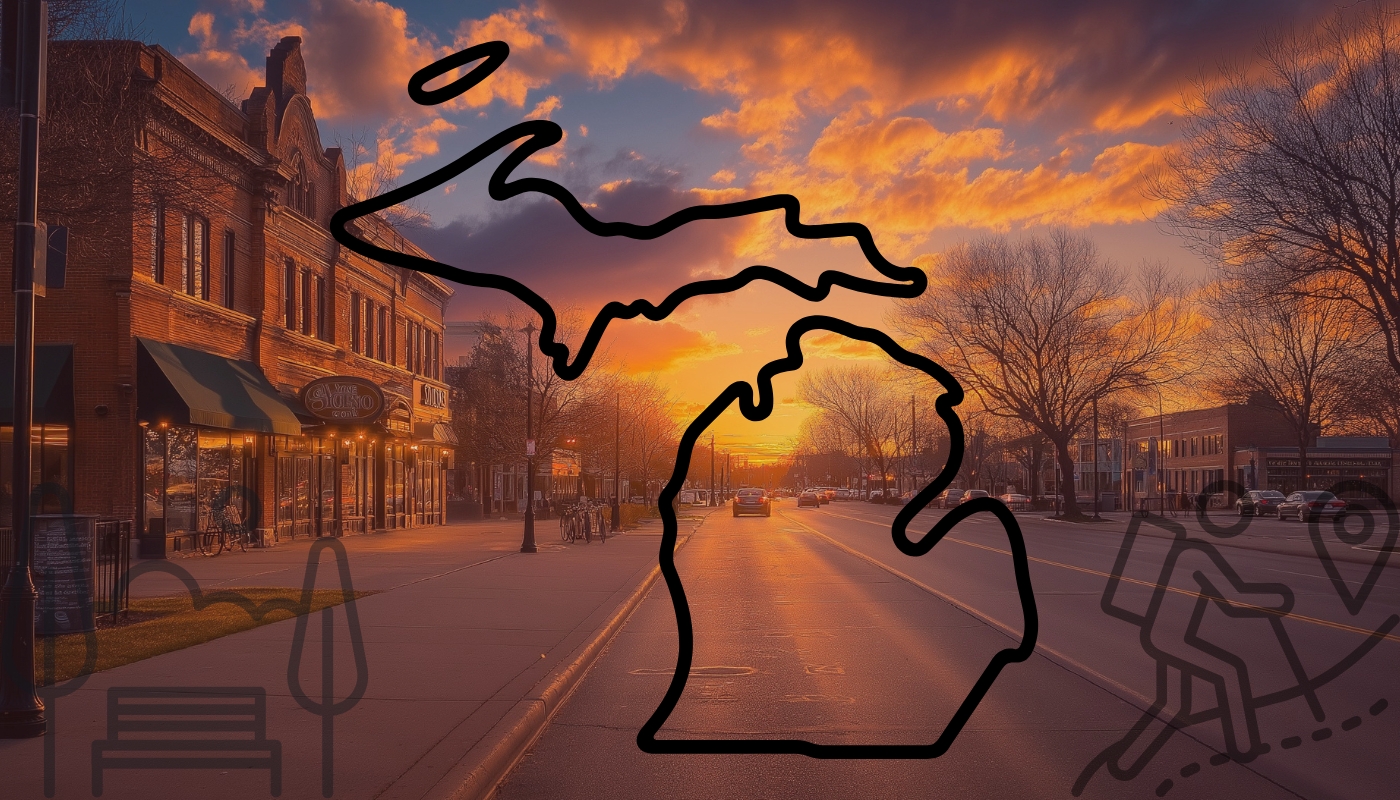 picturesque sunset view of a quiet street in Allen Park, Michigan, with historic buildings, warm lighting, and a glowing sky