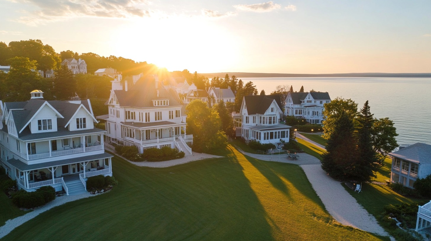 picturesque view of elegant white Victorian-style houses on Mackinac Island, with the sun setting over a calm lake in the background