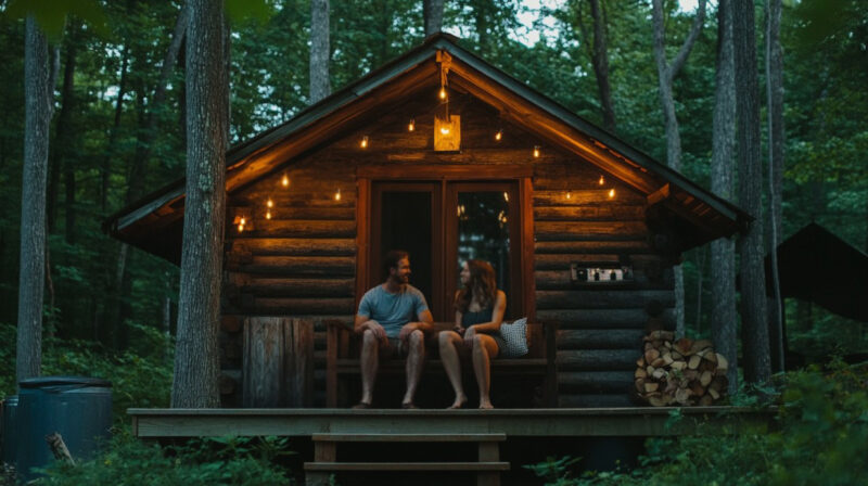 Couple sitting on a wooden bench outside a warmly lit log cabin in the woods, surrounded by string lights and stacked firewood